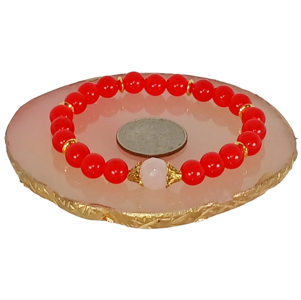 Red Jade & Rose Quartz Crystal Beaded Stretch Bracelet Y2K Mini Mala Lovecore